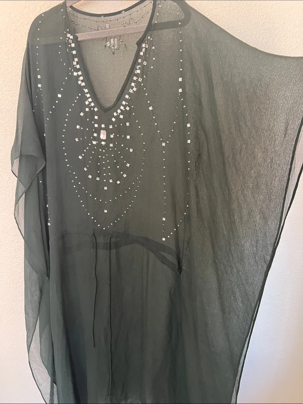 Sheer Dark Green Beaded V-Neck Caftan - Picture 2 of 5
